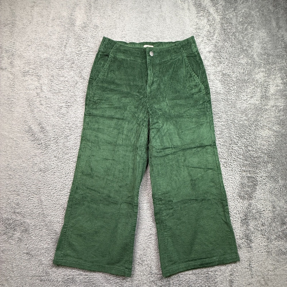 PACT Corduroy Wide Leg Pants High Rise Cropped Green Elastic Waist M Organic